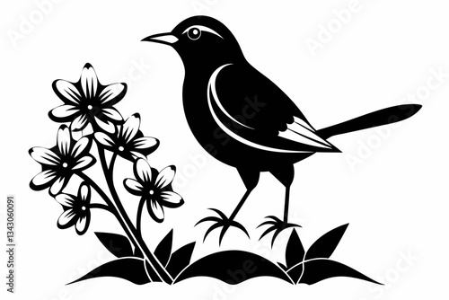 mockingbird auf bonnet flower line art silhouette vector illustration