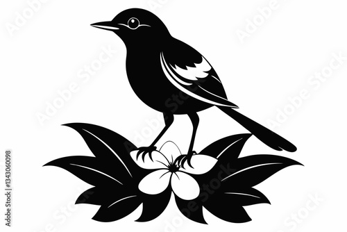 mockingbird auf bonnet flower line art silhouette vector illustration