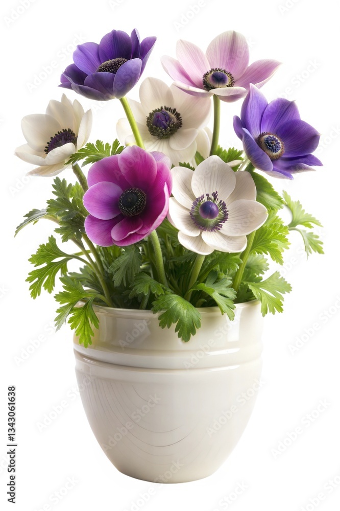 custom made wallpaper toronto digitalA vibrant arrangement of purple and white anemone flowers in a white ceramic pot, surrounded by fresh greenery.