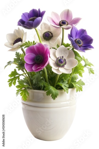 Wallpaper Mural A vibrant arrangement of purple and white anemone flowers in a white ceramic pot, surrounded by fresh greenery. Torontodigital.ca