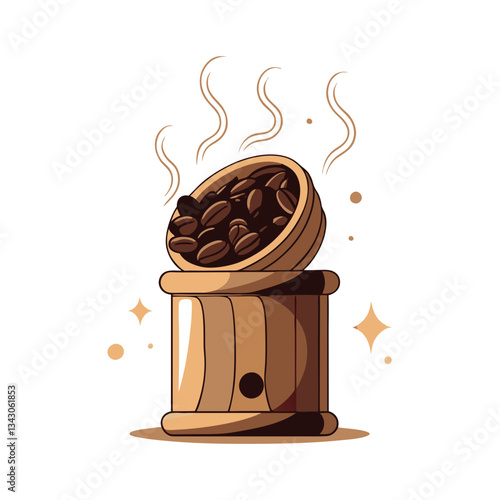 Vintage coffee grinder vector featuring a wooden hand-crank mill filled with steaming coffee beans in a warm, rustic design. Perfect for café and barista themes.