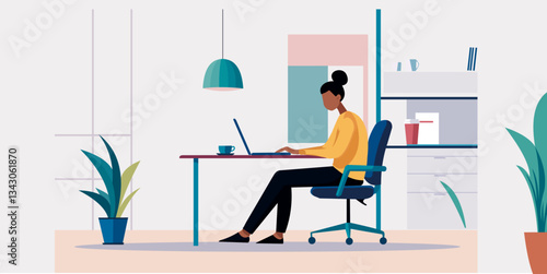 Flat design illustration of a freelancer working from home in a minimalist workspace.