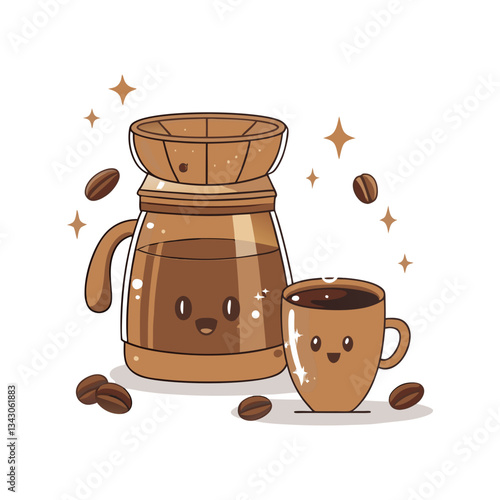 Adorable coffee pot vector with a smiling cup, coffee beans, and a warm, kawaii-style design. Perfect for café, barista, and cozy beverage themes.
