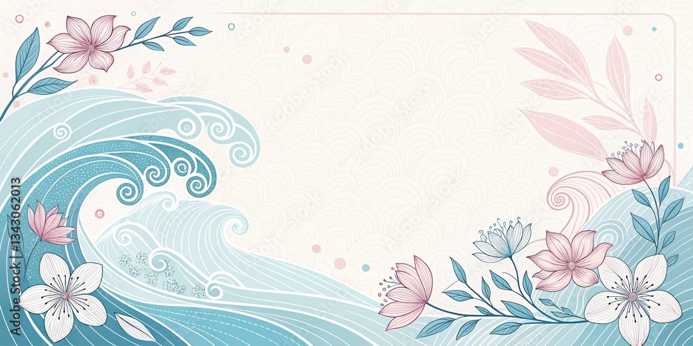 Serene flowing waves and blossoming flowers tranquil nature scene digital illustration coastal environment aesthetic viewpoint calm concept for visual relaxation Serene flowing waves and blossoming flowers tranquil nature scene digital illustration coastal environment aesthetic viewpoint calm concept for visual relaxation