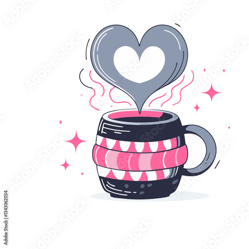 Cozy coffee mug vector with a knitted sleeve and heart-shaped steam, radiating warmth and charm in a stylish, modern design. Perfect for café and relaxation themes.