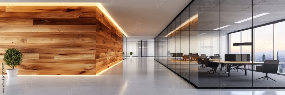Modern office interior design with sleek glass walls and warm wood accents. A minimalist and sophisticated workspace.