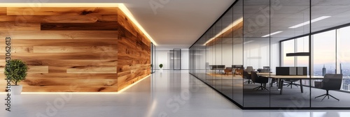Obraz na płótnie Modern office interior design with sleek glass walls and warm wood accents. A minimalist and sophisticated workspace. w salonie