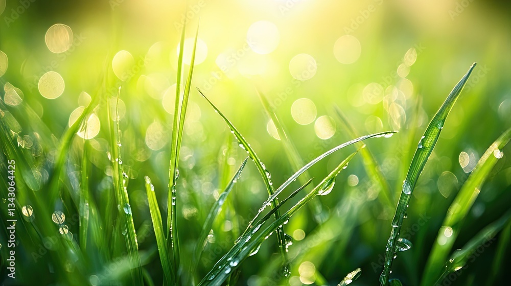 Fototapeta premium Lush Green Grass with Dew Drops in Bright Sunlight and Soft Focus