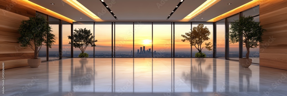 Stunning sunset view from a modern, high-rise office space. Warm colors and sleek design create a tranquil atmosphere.