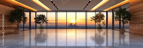 Obraz na płótnie Stunning sunset view from a modern, high-rise office space. Warm colors and sleek design create a tranquil atmosphere. w salonie