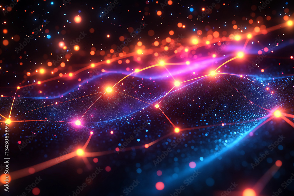 Obraz premium Abstract Quantum Network: Glowing Neon Nodes Interconnected in Digital Space, Pulsating with Vibrant Colors Against a Deep Black Void, Symbolizing Advanced Technology and Connectivity