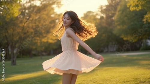 Girl Twirling in Pale Peach Dress at Sunset in Park