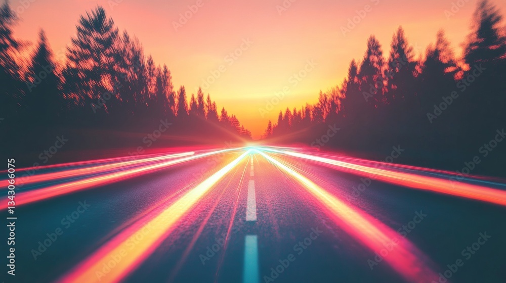 Vibrant sunset streaks across a highway, painting the asphalt in warm hues as vehicles speed by. Vibrant sunset streaks across a highway, painting the asphalt in warm hues as vehicles speed by.