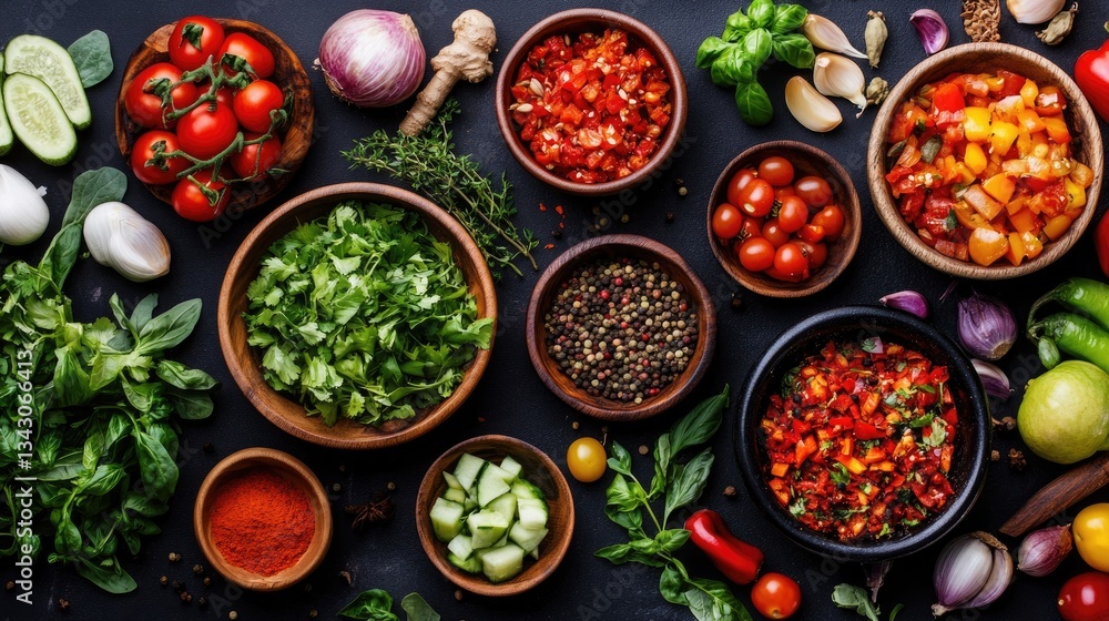 Fresh Ingredients and Spices for Healthy Cooking on Dark Surface Fresh Ingredients and Spices for Healthy Cooking on Dark Surface