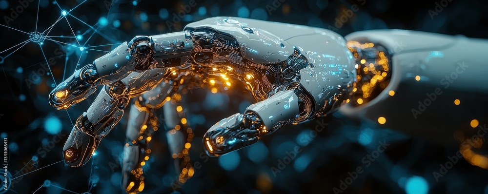 Futuristic robotic hand with glowing circuits against a dark background Futuristic robotic hand with glowing circuits against a dark background