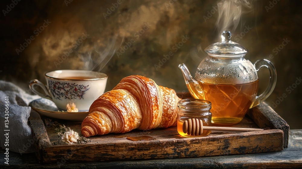 Warm tea, croissant, honey on rustic tray.