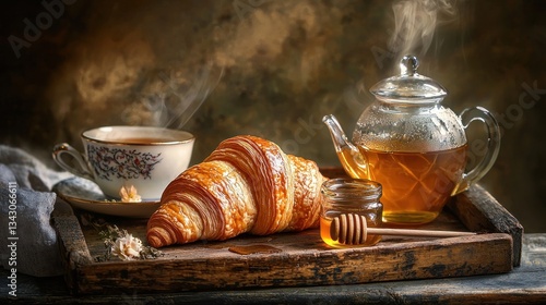 Obraz na płótnie Warm tea, croissant, honey on rustic tray. w salonie