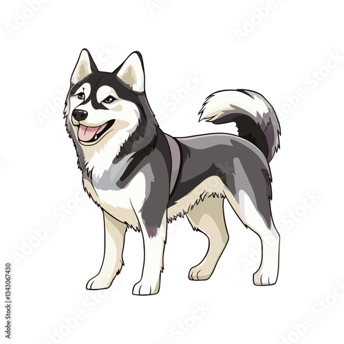 Happy Husky Dog Vector Illustration. Vector illustration of a cheerful husky dog standing with a wagging tail. The dog appears happy and energetic, showcasing its distinct fur pattern and playful