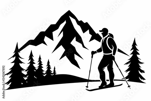 skiing in the mountains line art silhouette vector illustration