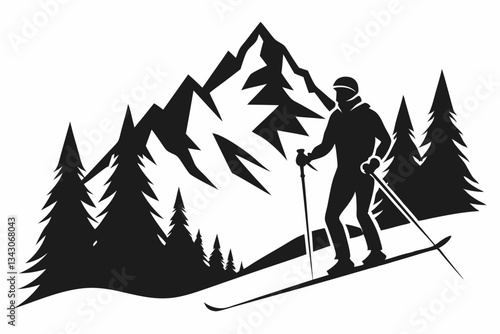 skiing in the mountains line art silhouette vector illustration