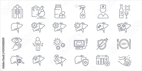 Vector line icon set of hepatitis, liver, cirrhosis, fatty liver, hepatic health, liver cancer, symptoms, medical diagnosis, and treatment for healthcare and education purposes.