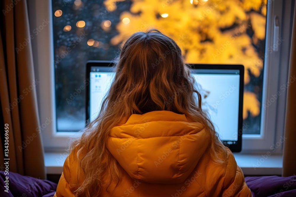 Fototapeta premium Woman Working on Laptop by Window Autumn Evening