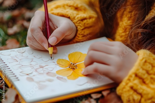 Girl creating pressed flower art  Autumn nature journaling