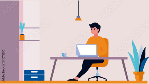 Flat design illustration of a freelancer working from home in a minimalist workspace.