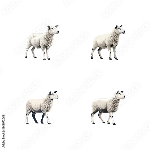 A group of Texel sheep and lambs grazing in a green field on a spring day