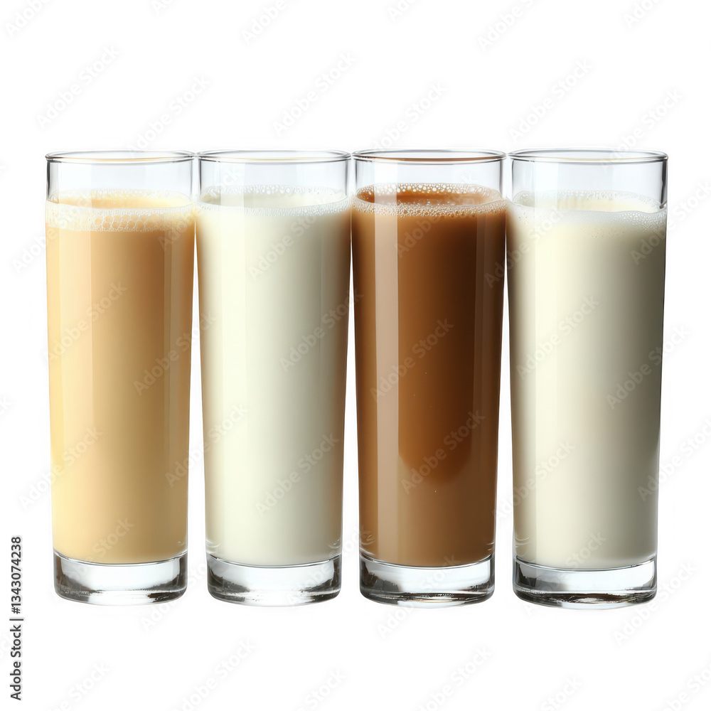 Four Glasses Of Milk Beverages Displayed Isolated On Transparent Background In PNG Format Four Glasses Of Milk Beverages Displayed Isolated On Transparent Background In PNG Format