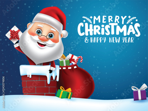 Christmas character Santa vector banner design. Merry Christmas greeting text with Santa Claus character in chimney and bag with colorful gifts in winter snow background for holiday season card.