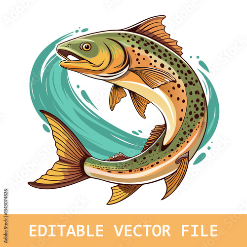 A Brown Trout Leaps from the Water, Watercolor Style Illustration. This vibrant image showcases a brown trout in mid-leap, splashing water around it, created using a watercolor painting technique