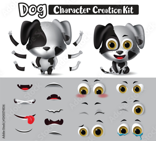 Dog characters creation vector set. Dogs character dalmatian animals editable create eyes, mouth and body kit with different feelings, pose and gestures for animal collection design. 