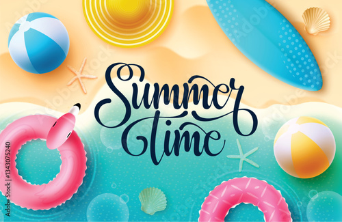 Summer vector background design. It's summertime typography text in beach seashore with floater, surfboard and beachball elements for fun and enjoy tropical season activity. Vector illustration.

