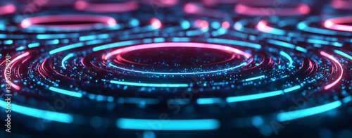glowing representation of digital network with vibrant blue and pink circular patterns, creating mesmerizing visual effect