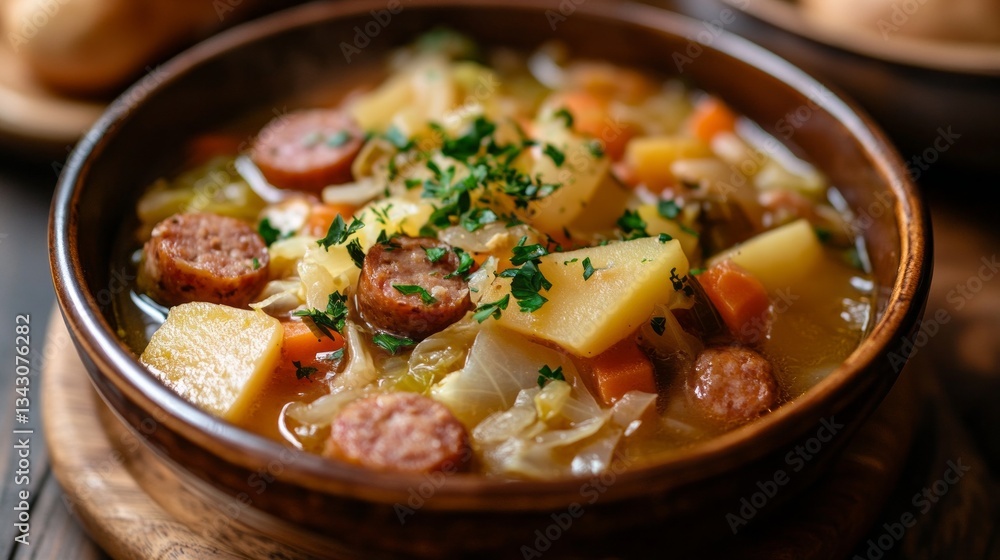 A warm bowl of vegetable and sausage stew sits atop a rustic wooden table, filled with vibrant ingredients like potatoes, carrots, and herbs. The inviting aroma fills the cozy kitchen atmosphere A warm bowl of vegetable and sausage stew sits atop a rustic wooden table, filled with vibrant ingredients like potatoes, carrots, and herbs. The inviting aroma fills the cozy kitchen atmosphere