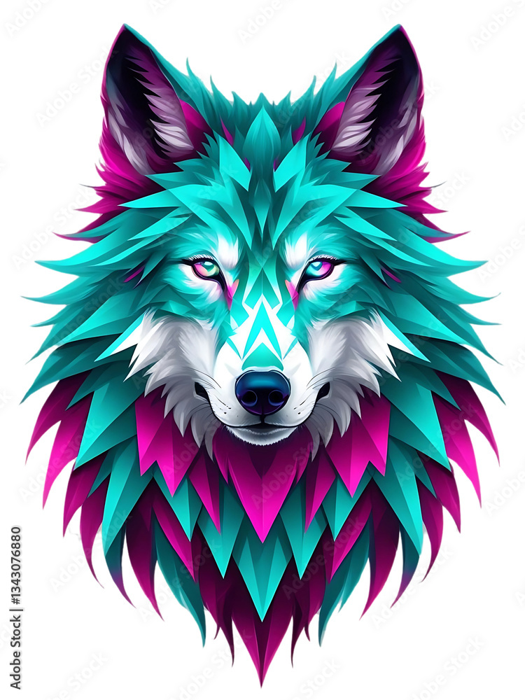 Naklejka premium A digital illustration of a wolf portrait with geometric patterns and vibrant colors, ideal for modern, artistic, and fantasy-themed designs.