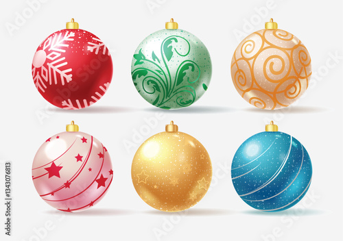 Christmas balls vector set design. Christmas ball in elegant glittery, glossy and shiny pattern and print for xmas elements decoration. Vector illustration xmas balls collection. 
