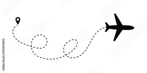 Airplane line path icon. Vector illustration of air plane flight route with the point of location line trace. aircraft location tracking in a dotted path vector illustration in eps 10.