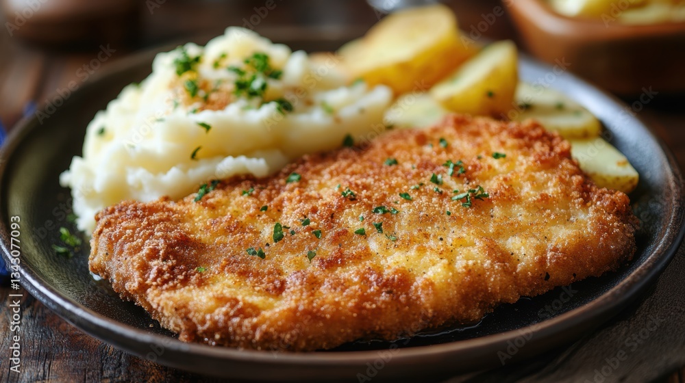 A golden, crispy breaded cutlet, either schnitzel or a breaded chop, served with creamy mashed potatoes, creating a classic and satisfying meal. A golden, crispy breaded cutlet, either schnitzel or a breaded chop, served with creamy mashed potatoes, creating a classic and satisfying meal.