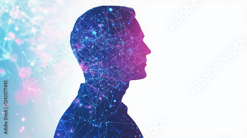 Abstract representation of technology and innovation, showcasing silhouette filled with vibrant digital connections and patterns