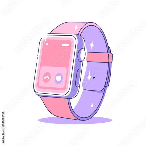 Modern smartwatch vector illustration in pastel pink and purple tones, featuring a sleek design with a digital screen, symbolizing wearable technology and innovation.