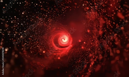 floating red glittering beads surrounded by spinning sparkling particles on a dark background. camera movement moving forward,