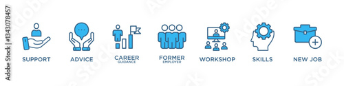  OUTPLACEMENT banner web icon vector illustration concept for product and service quality inspection with an icon of support, advice , career guidance, former employer, workshop, skills, new job, 