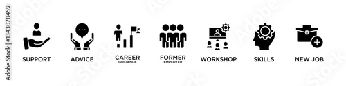  OUTPLACEMENT banner web icon vector illustration concept for product and service quality inspection with an icon of support, advice , career guidance, former employer, workshop, skills, new job, 