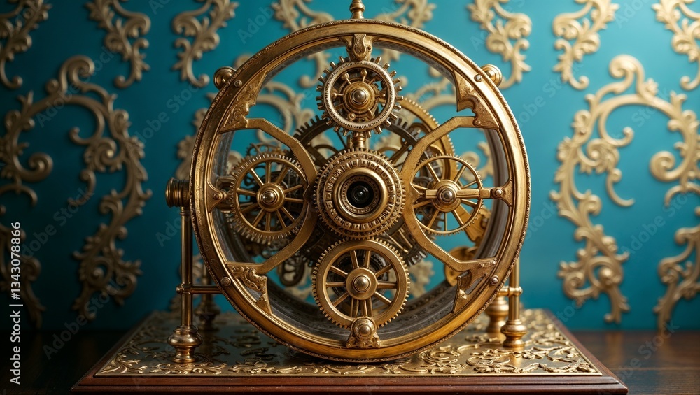 Fototapeta premium Glass and metal mechanisms, wallpaper. Shades of blue and gold