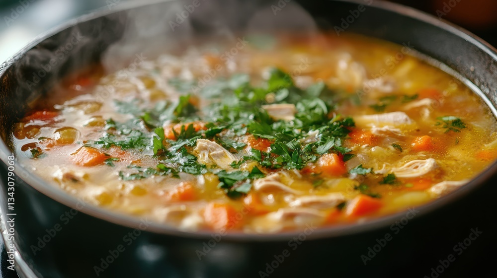A bubbling pot of chicken soup, fragrant with herbs and spices, steam rising invitingly from its depths, a comforting and nourishing bowl of warmth. A bubbling pot of chicken soup, fragrant with herbs and spices, steam rising invitingly from its depths, a comforting and nourishing bowl of warmth.