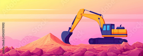 vibrant excavator working on construction site, digging into sandy mound under colorful sunset sky