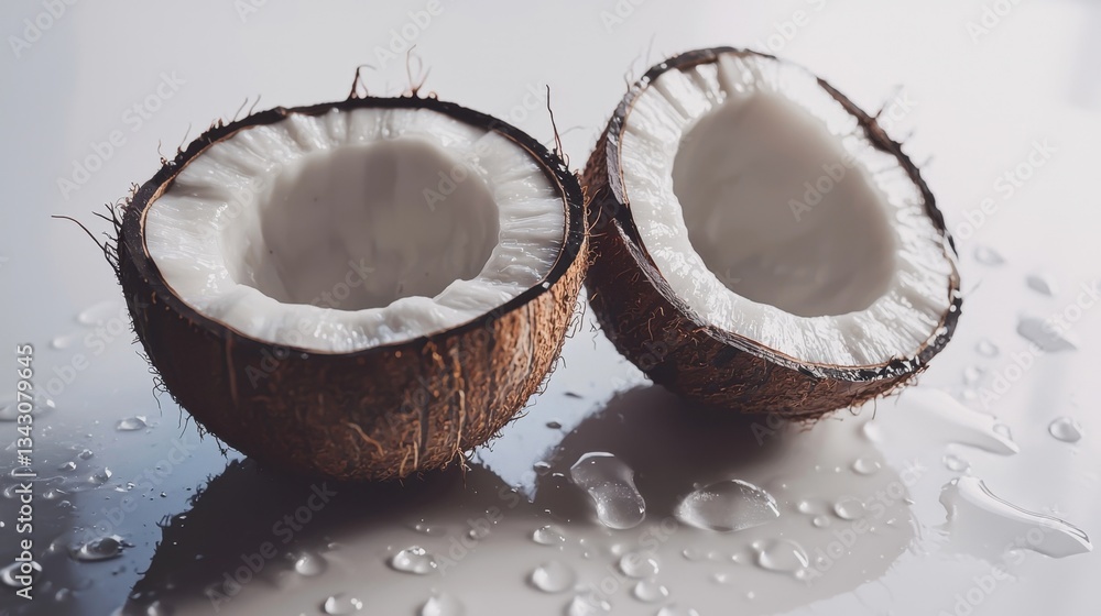 A minimalist composition featuring two halves of a cracked coconut, with tiny water beads glistening on the surface, set on a white background. A minimalist composition featuring two halves of a cracked coconut, with tiny water beads glistening on the surface, set on a white background.