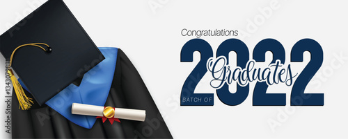 Graduation greeting vector design. Congratulations 2022 graduates text with 3d mortarboard cap, graduation dress and diploma elements for ceremony celebration messages. Vector illustration.
